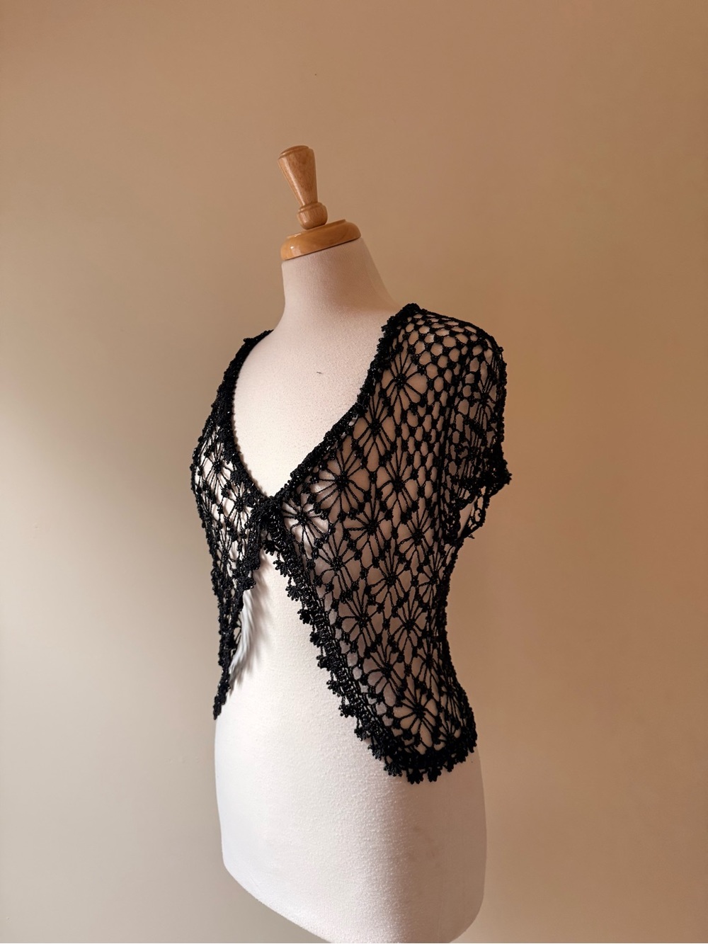 Vintage E&G Hand Beaded Black Crochet Spiderweb Bolero